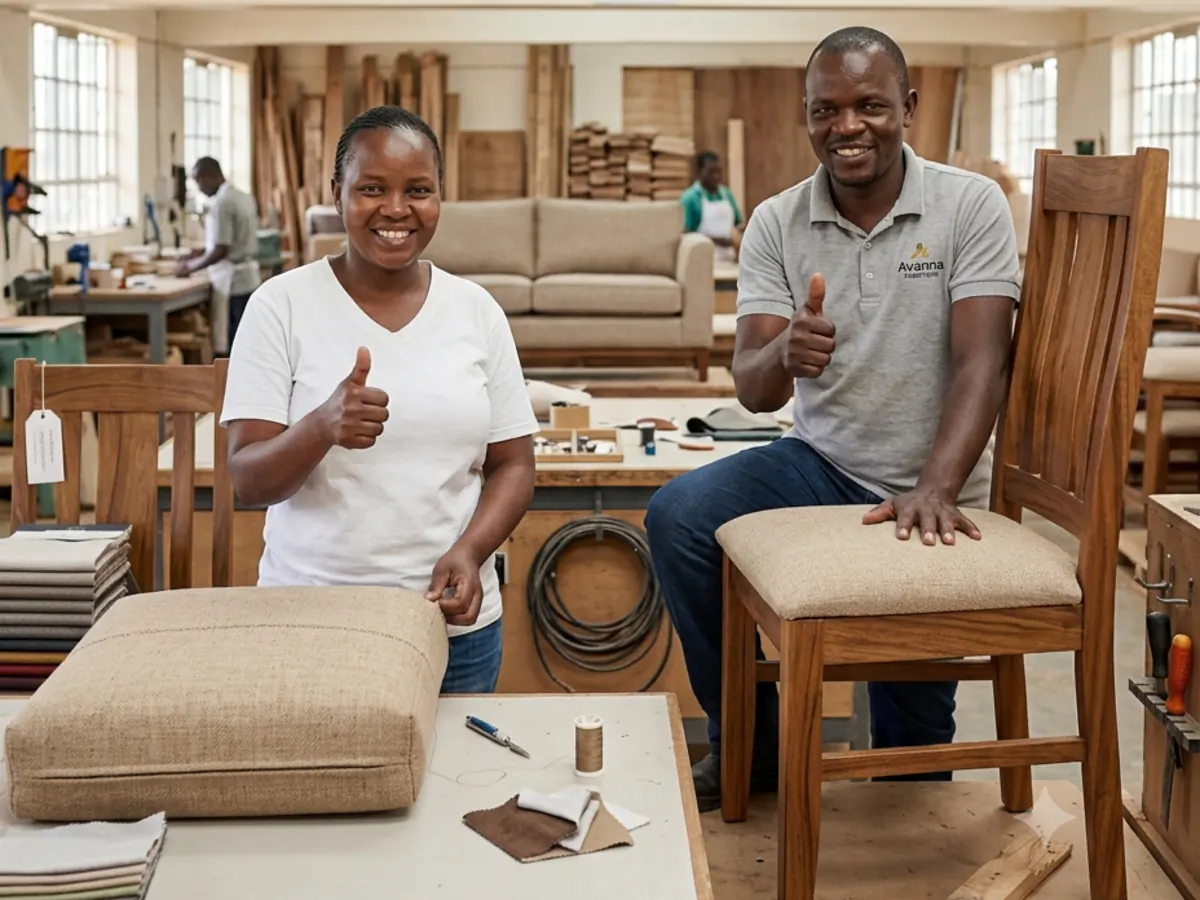 Avanna Essentials workshop staff with a finished upholstered chair on the furniture production floor