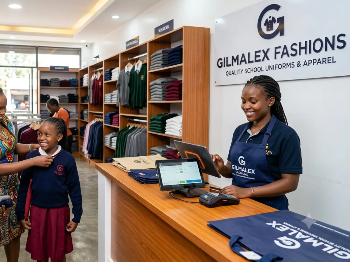 Gilmalex Fashions staff serving a family at the counter of a school uniform store