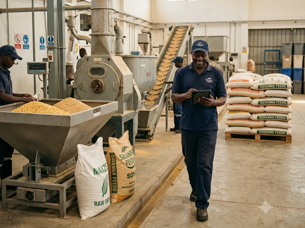 Savanna Feeds supervisor checking production on a tablet beside maize and soya milling equipment